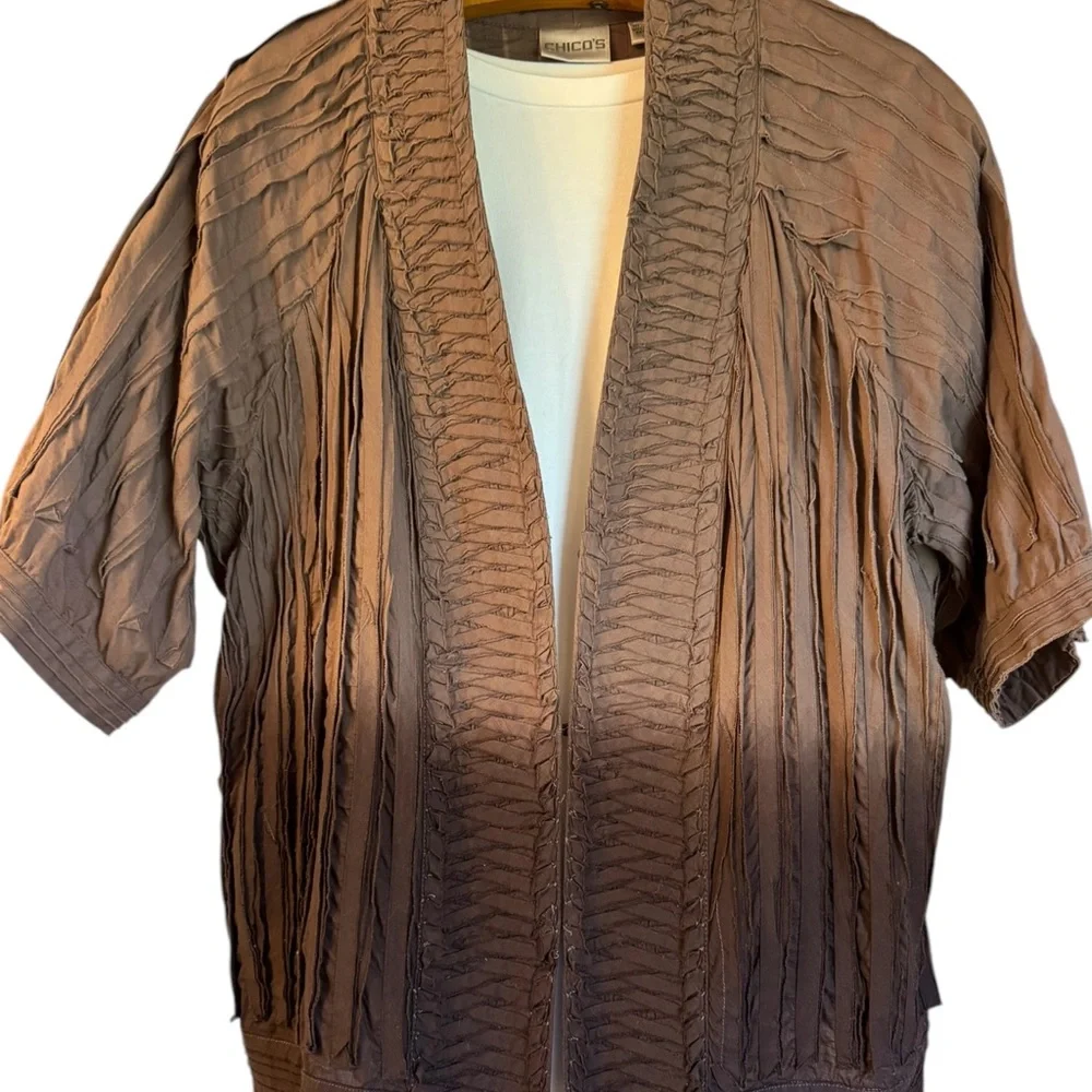Chico’s Ombre Chocolate Brown Woven Ribbon Elbow Length Sleeve Open Jacket Top